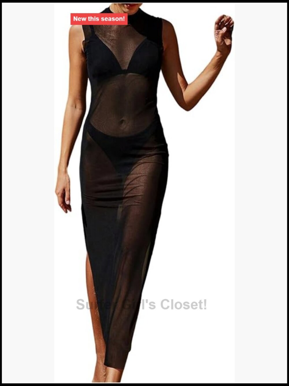 Sheer Mesh Bodycon Dress Sleeveless Mock Neck Long Split Club Party